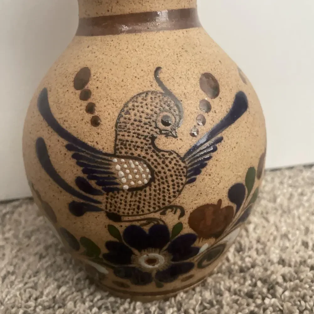 Hand Painted Art Pottery Mexican Tonala Bird Flowers Floral Vase 8 1/4